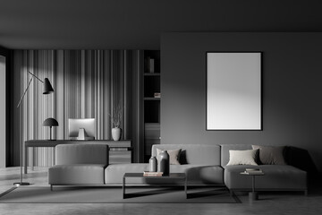 Dark business manager room interior with furniture and computer. Mockup poster