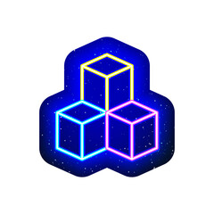 Neon colored 3D cube icon. Midnight blue. Cube icon design in neon space. Realistic neon 3 pcs cube icons. There is mask area on White Background.