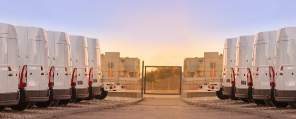 commercial delivery vans parked in two rows. Transporting service company.
