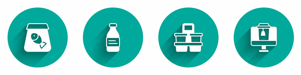 Set Online ordering fish, Bottle of water, Coffee cup to go and food icon with long shadow. Vector