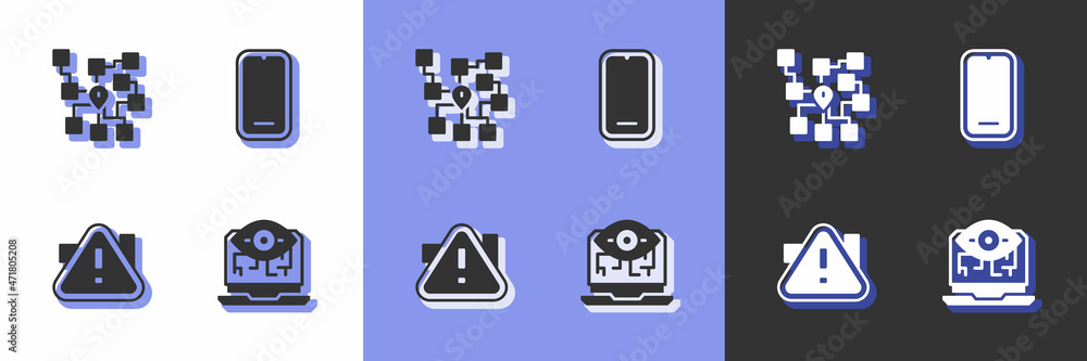 Poster set computer vision, neural network, exclamation mark in triangle and mobile phone icon. vector
