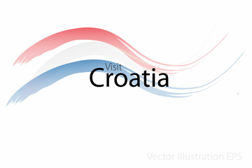 the slogan visit Croatia with curved waves in watercolor style which are in the colors of the national flag. Vector Illustration