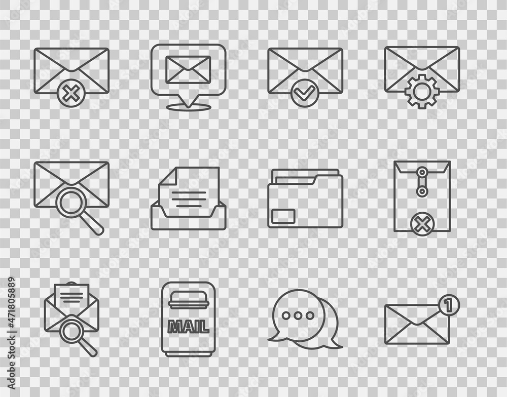 Poster set line envelope with magnifying glass, and check mark, mail box, delete envelope, drawer document,