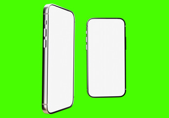 Smartphones with blank screen. Mobile phones on neon green background. Smartphone from different angles. Mockup generic device. UI/UX smartphones set. Infographics or presentation templates. 3d image