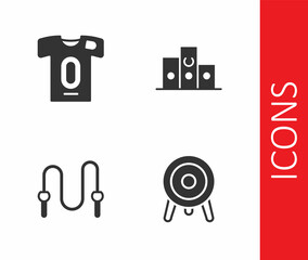 Set Target sport, Football jersey and t-shirt, Jump rope and Award over sports winner podium icon. Vector