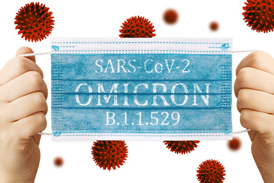 Face masks with inscriptions SARS COV 2 Omicron . Covid 19 alpha, beta, gamma, delta, lambda, mu, omicron variants outbreak around the world.