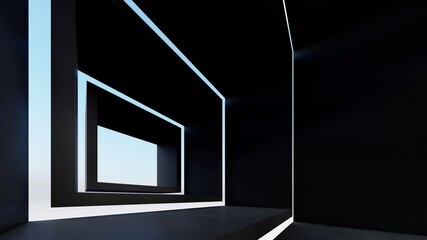 3d rendering architecture background black room with square window