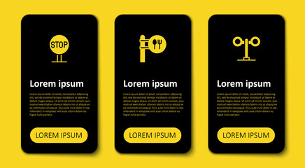 Set Train traffic light, Cafe and restaurant location and Stop sign. Business infographic template. Vector