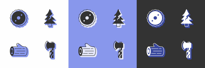 Set Wooden axe, Circular saw blade, log and Tree icon. Vector
