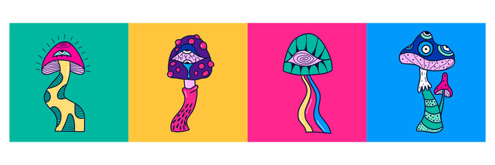Vector magic mushrooms. Psychedelic concept. All elements are isolated. 