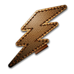 Brown lightning shape stitched black leather label isolated on white background vector template.