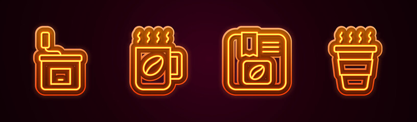 Set line Manual coffee grinder, Coffee cup, Bag beans and to go. Glowing neon icon. Vector