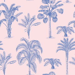 Tropical ink drawn palm trees summer floral seamless pattern.Exotic jungle toile wallpaper.
- 471809267