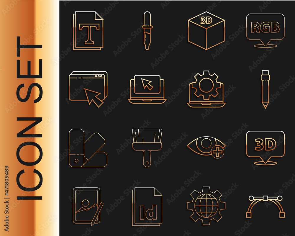 Aufkleber set line bezier curve, speech bubble with text 3d, pencil eraser, isometric cube, laptop and cursor,