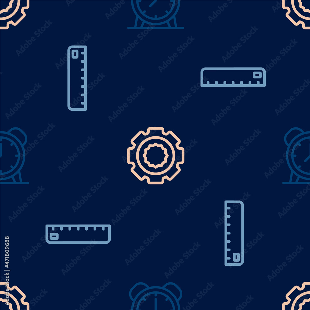 Poster set line alarm clock, ruler and gear on seamless pattern. vector