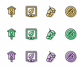 Set line Fresh berries, Bird house, Seeds of specific plant and Stop colorado beetle icon. Vector