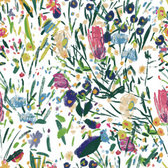 Seamless pattern with wildflowers on watercolor paper background.