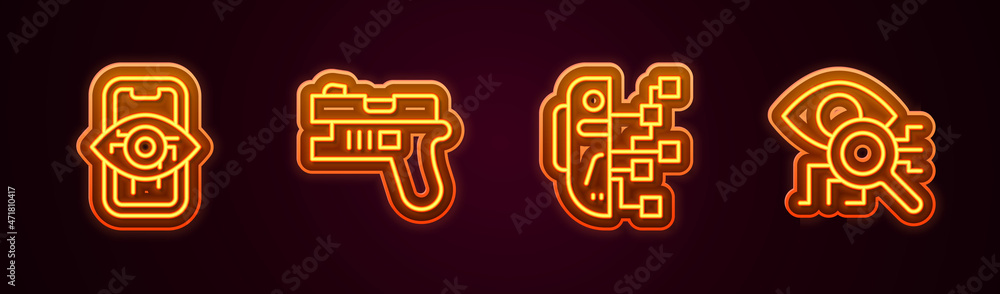 Poster set line computer vision, futuristic weapon, humanoid robot and eye scan. glowing neon icon. vector