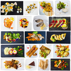 Collection of various dishes with vegetables and condiment served on square plates on white background