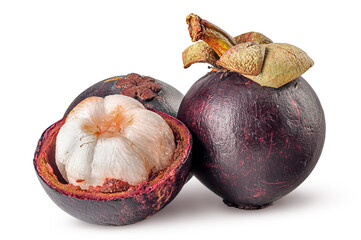 Two whole and opened mangosteen isolated on white