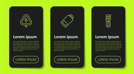 Set line High voltage, Battery charge and LED light bulb. Business infographic template. Vector