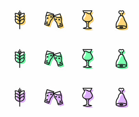 Set line Glass of beer, Wheat, and Chicken leg icon. Vector