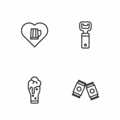 Set line Beer can, Glass of beer, Heart with glass and Bottle opener icon. Vector
