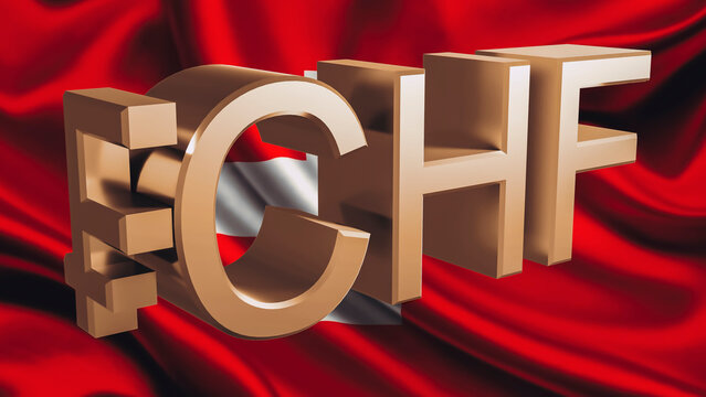 Gilded Swiss franc symbol - CHF against the background of the Switzerland flag. Finance concept. Rendering 3D.