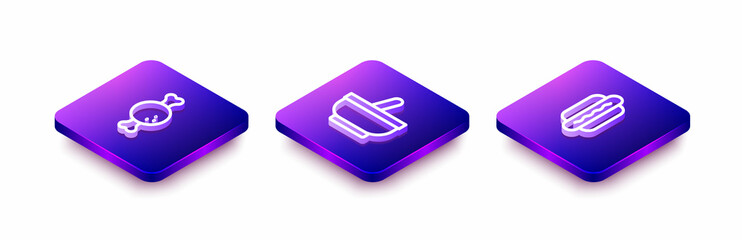 Set Isometric line Chicken leg, Mortar and pestle and Hotdog icon. Vector