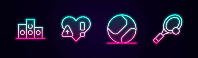 Set line Award over sports winner podium, Heart rate, Baseball ball and Tennis racket with. Glowing neon icon. Vector
