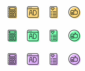Set line Shopping list, Calculator, Advertising and Hand like icon. Vector
