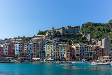 Naklejka premium View of the harbor of Porto Venere in Italy arriving from the sea