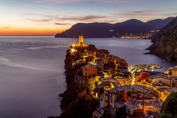 Night descending on the village of Vernazza in the Cinque Terre in Italy