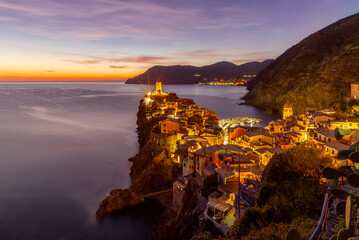 Night descending on the village of Vernazza in the Cinque Terre in Italy