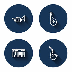 Set line Trumpet, Bandura, Music synthesizer and Saxophone with long shadow. Blue circle button. Vector