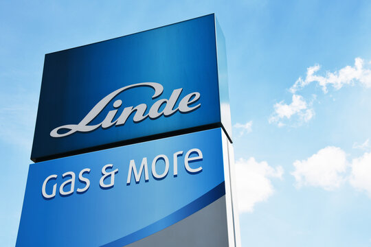 Hanover Lower Saxony, Germany - June 27, 2021:  Logo of Linde AG in Hanover, Germany - The Linde Group is a multinational chemical company