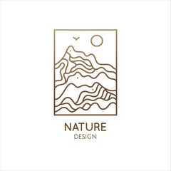 Linear nature logo. Mountain minimalistic landscape icon with waves structure. Vector pattern wavy lines. Ornamental rectangular emblem for design geologic and mineral industry, travel, massage, yoga