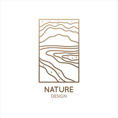 Linear nature logo. Mountain minimalistic landscape icon with waves structure. Vector pattern wavy lines. Ornamental rectangular emblem for design geologic and mineral industry, travel, massage, yoga