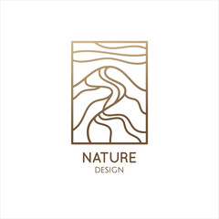 Linear nature logo. Mountain minimalistic landscape icon with waves structure. Vector pattern wavy lines. Ornamental rectangular emblem for design geologic and mineral industry, travel, massage, yoga
