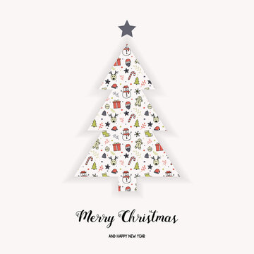 Christmas greeting card with decorations and wishes. Xmas concept. Vector