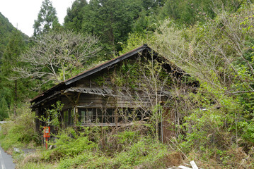 山の中の朽ちた家