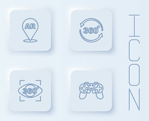 Set line Augmented reality AR, 360 degree view, and Gamepad. White square button. Vector