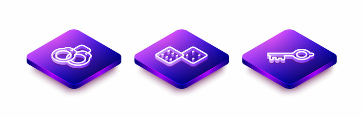 Set Isometric line Handcuffs, Game dice and Old magic key icon. Vector