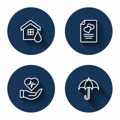 Set line House flood, Marriage contract, Life insurance in hand and Umbrella with long shadow. Blue circle button. Vector