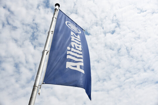 Nienhagen, Lower Saxony, Germany - July 14, 2021: Allianz flag in Nienhagen, Germany - Allianz SE is a European financial services company headquartered in Munich, Germany