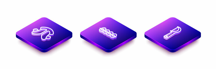 Set Isometric line Dental tooth plate, Teeth with braces and floss icon. Vector