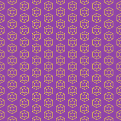 simple vector pixel art seamless pattern of abstract yellow hexagonal diamond gemstone on purple background