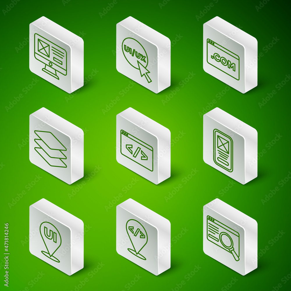 Poster set line ui or ux design, front end development, layers, and icon. vector