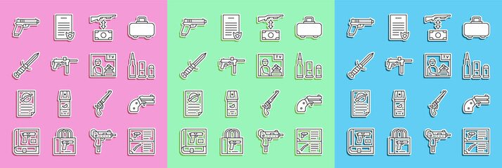 Set line Weapon catalog, Small gun revolver, Bullet, Buying assault rifle, Submachine M3, Military knife, Pistol or and Advertising weapon icon. Vector