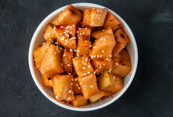 Korean style fermented radish daikon, close-up, top view.